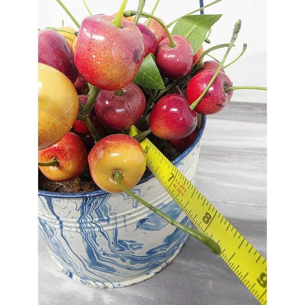 Artificial Cherries Fruit Decor Photo Props Red‎ Blue Metal Pail VINTAGE Granny